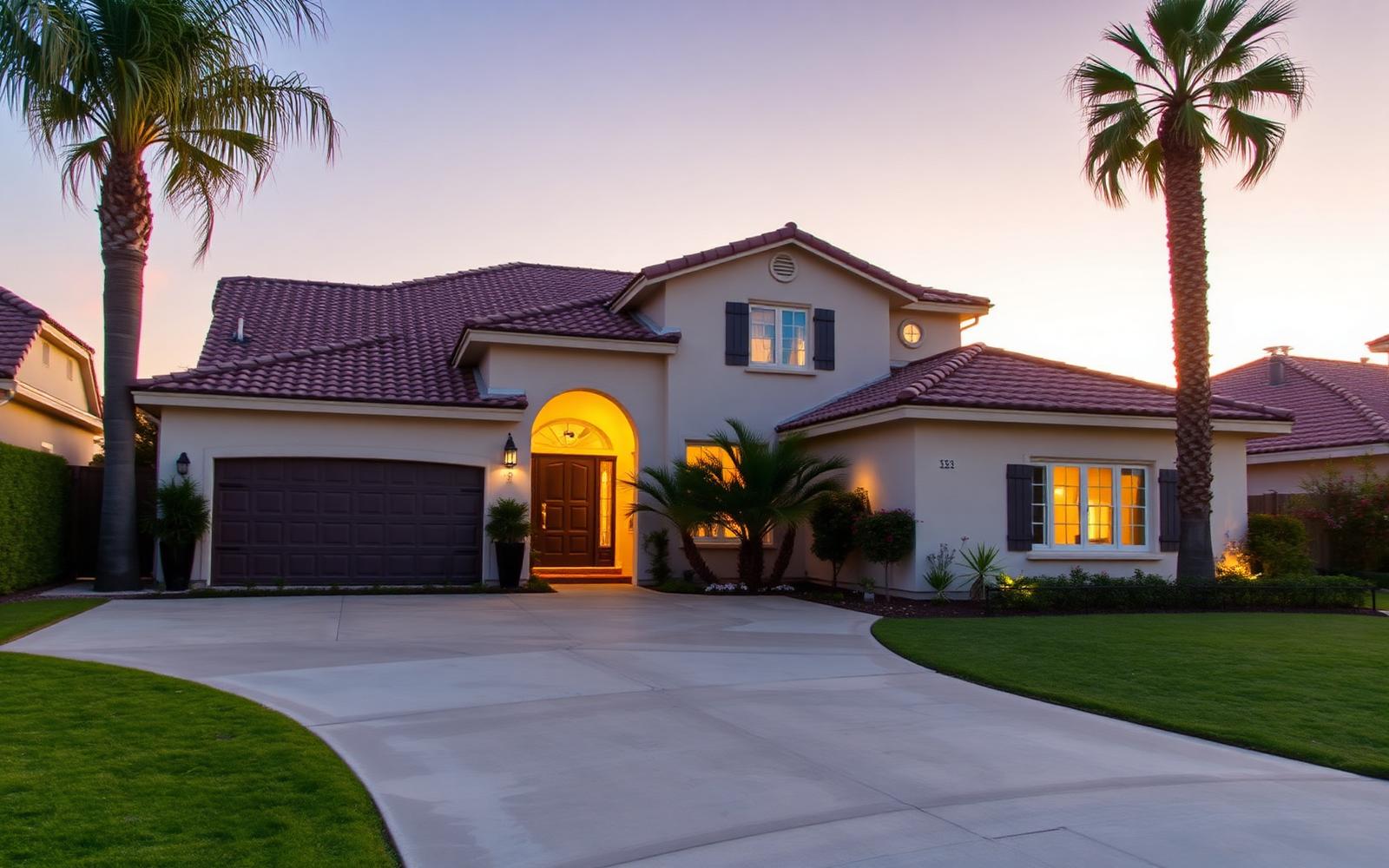 Renovated Orange County home exterior with fresh paint and clean driveway at sunset